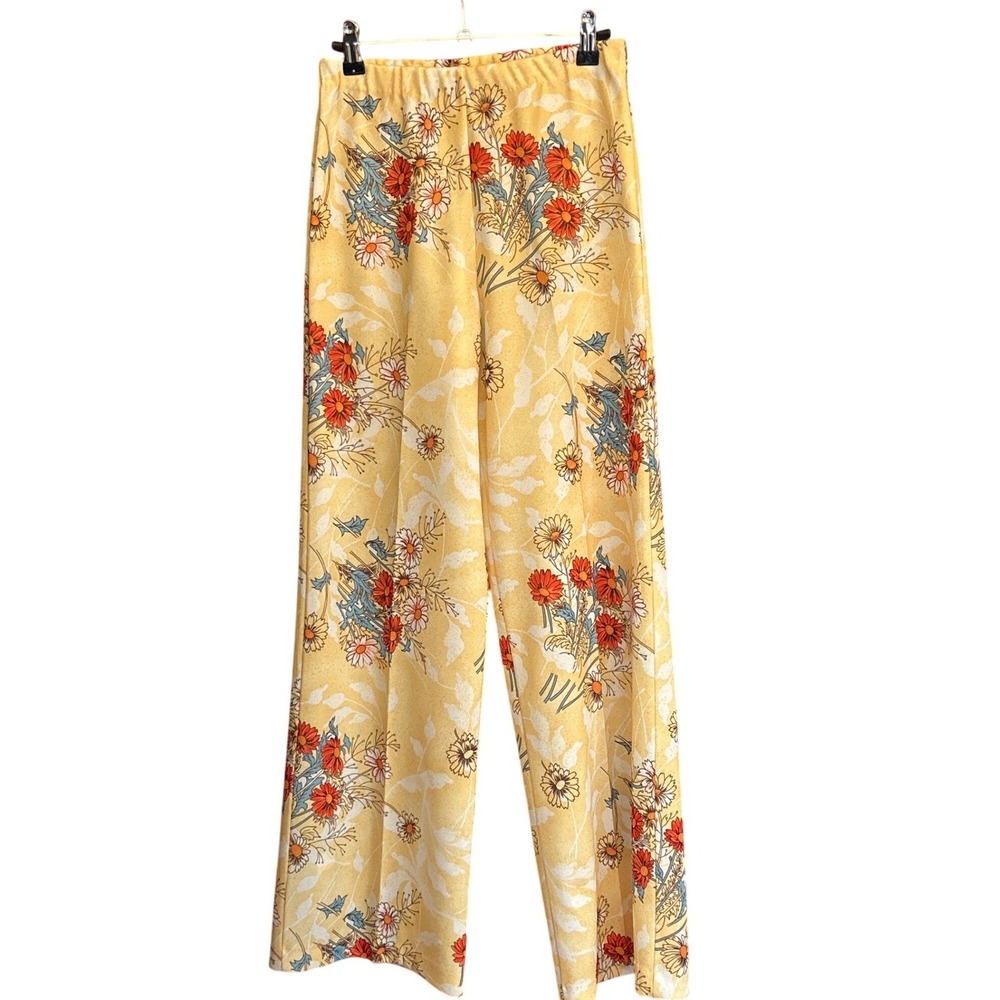 70s Beeline Fashions Floral Wide Leg Pants Retro Hippie Boho Daisy Trousers 10